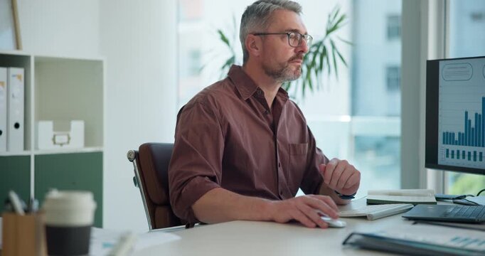 Business, chart and mature man in office on computer for finance report, online proposal and research. Corporate, graph and person with statistics for investment growth, financial review or planning