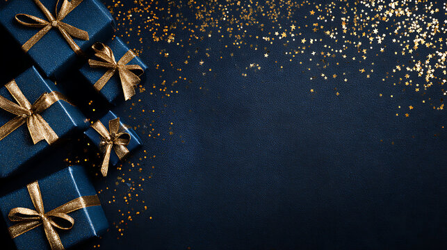 Elegant navy blue gift boxes with gold ribbons and sparkling confetti stars