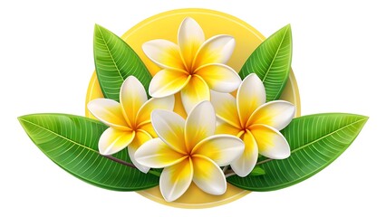 Tropical plumeria flowers and green leaves on yellow background