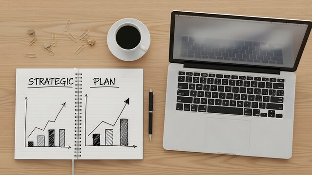 Overhead View of Business Strategic Plan with Growth Charts, Laptop, and Coffee