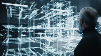 Senior male professional in a smart office wearing a futuristic glove, creating a building design with a holographic interface representing modern architecture and smart city planning - Powered by Adobe