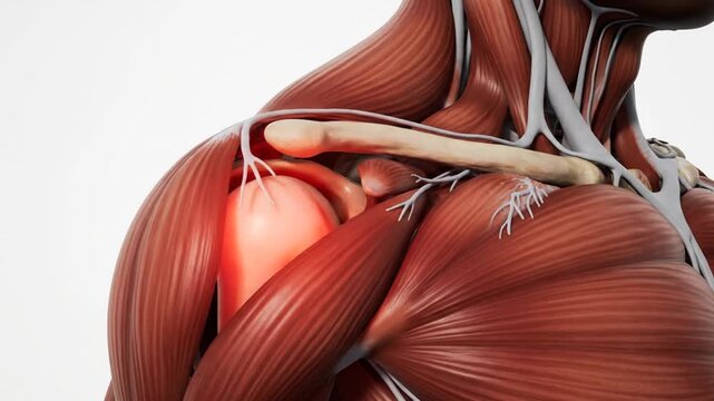 Detailed Macro View Of Human Shoulder Anatomy Deltoid Muscle Rotator Cuff And Clavicle Bone With Red Highlighted Area Indicating Pain Or Inflammation Studio Lighting