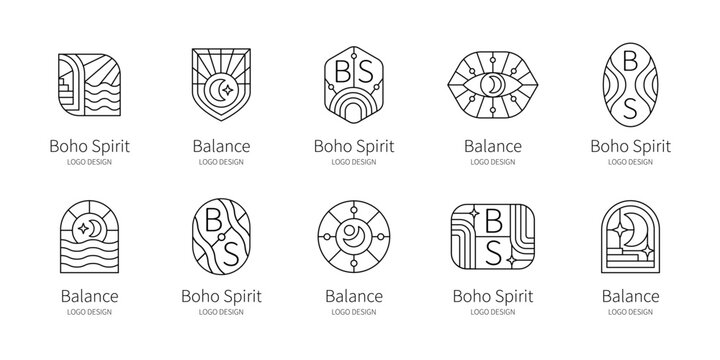 Minimalist Boho Spirit Element Set. Mystic Line Art Logos and Abstract Symbols
