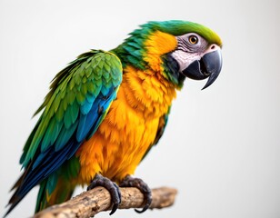 Obraz premium A colorful parrot perched on a branch, showcasing its vibrant feathers. The parrot has bright blue, green, and yellow feathers, complemented by its black beak.
