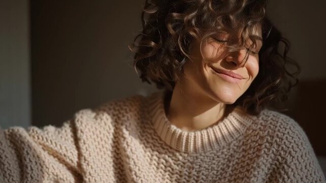 Smiling woman in a chunky knitted sweater, cozy indoor light, Scandinavian neutral palette, soft beige, cream and terracotta hues