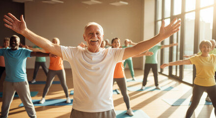 Happy senior man enjoying group exercise concept. healthy retirement community for an active lifestyle