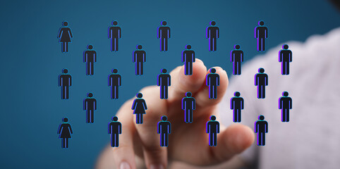 Hand pointing towards connected human icons, representing social networking, teamwork, and global connection. Illustrates concepts of community