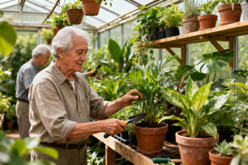 Happy senior man gardening in greenhouse healthy retirement community lifestyle concept for joy