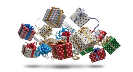 Red Christmas gift box decoration with ribbon, candy, and colorful presents