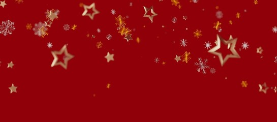 Christmas background with golden stars and snowflakes on red. Perfect for holiday greeting cards, winter designs and seasonal themes.