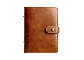 Brown leather bound planner with clasp and ring binder, isolated on black background