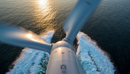 Spinning wind turbine above ocean, renewable energy sunset scene, modern technology, clean power, environmental focus and sustainable development concept.