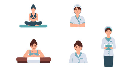 Diverse wellness professionals set for healthcare, yoga, and relaxation promotion needs