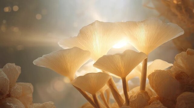 A captivating close-up shot reveals luminous, translucent fungi, possibly mushroom species, glowing softly from within in a warm, ethereal light. The delicate, fan-shaped caps showcase intricate gill 