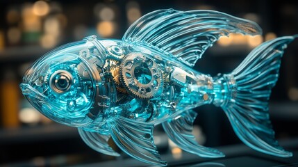 A stunning fusion of art and engineering features a translucent fish with intricate gears, symbolizing creativity