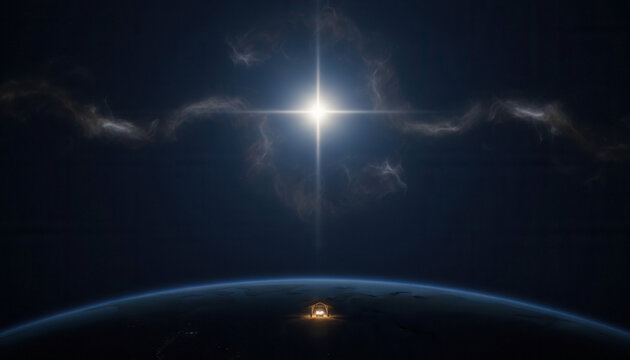 Nativity scene on planet Earth viewed from space. The Star of Bethlehem shines above the manger. Christian Christmas holiday concept of the birth of Jesus