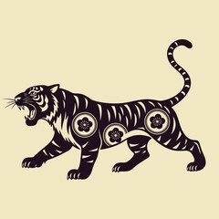 Majestic tiger silhouette with floral ornaments silhouette