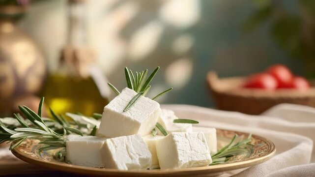 A captivating close-up showcases pristine white cheese cubes, artfully arranged and garnished with vibrant green rosemary sprigs on an elegantly patterned golden plate. The shallow depth of field beau