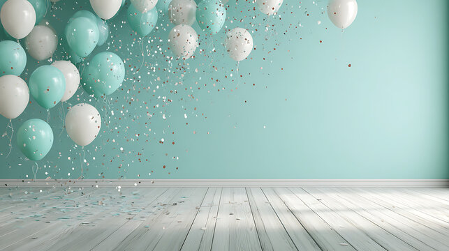 Festive balloons and confetti float above a wooden floor party celebration