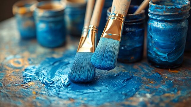 Two paint brushes lie in blue hues, surrounded by vibrant jars, embodying the essence of creativity