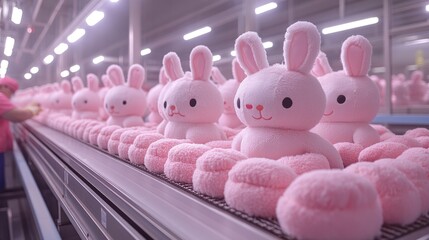 Colorful pink plush bunnies are arranged in a vibrant factory, creating an enchanting manufacturing vibe