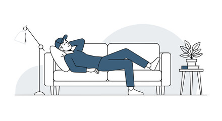 Man relaxing on a sofa after work, enjoying a peaceful moment of rest and relaxation