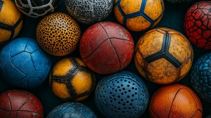 A vibrant mix of sports balls with unique textures and colors, ideal for sports enthusiasts