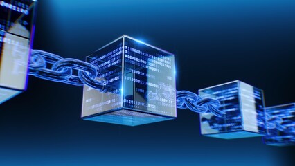 Blockchain technology concept - data cells with binary code and binary chain © Sashkin