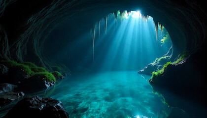 A glowing hidden cenote featuring neon bioluminescent flora and crystal-clear glowing water. This surreal and magical scene is ideal for nature, adventure, and fantasy-based content.