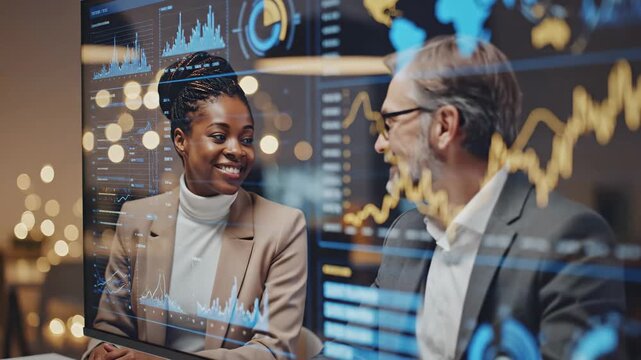 Diverse business professionals collaborating and analyzing financial charts and graphs on interactive transparent displays, representing data analysis and teamwork in a modern office setup - Powered by Adobe