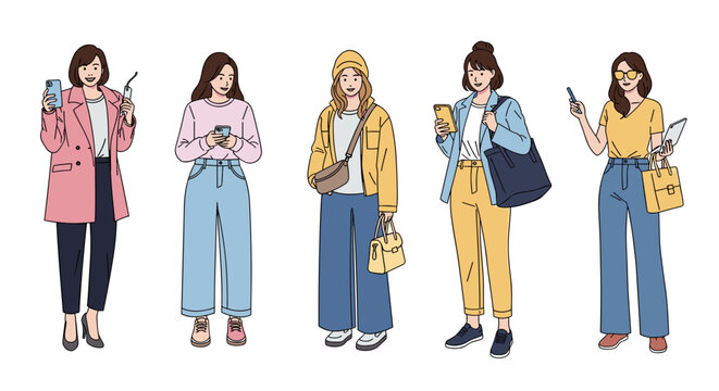 Diverse group of stylish young women using smartphones for social media and communication