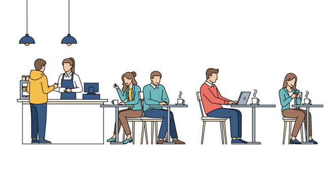 People enjoying cafe scene and atmosphere with barista and customers in modern style