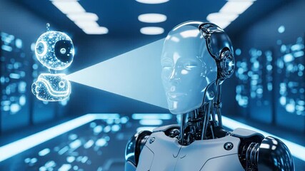 Humanoid robot observing and receiving information from a glowing, data-filled holographic ai bot, demonstrating advanced artificial intelligence interaction in a futuristic server room setting - Powered by Adobe