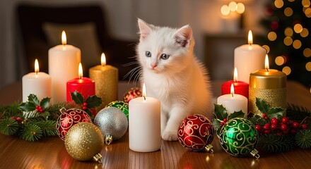 White kitten playing with Christmas candles and ornaments on table  