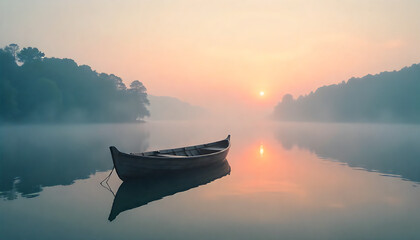 A small wooden boat floats on a calm, misty lake surrounded by majestic mountains. The serene atmosphere and soft, misty light create a tranquil scene, perfect for nature, travel, and peaceful journey