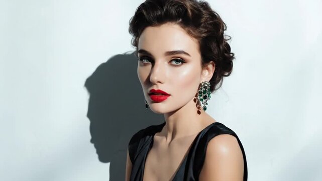 A captivating studio portrait features a glamorous young adult woman exuding sophistication and style. She possesses striking features, including bold red lips, alluring eyes, and elegantly styled dar