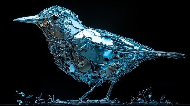 A stunning mechanical bird crafted with exquisite metallic details and rich azure tones