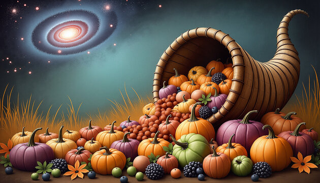 Cornucopia spills pumpkins, berries and flowers with galaxy backdrop, cosmic Thanksgiving illustration