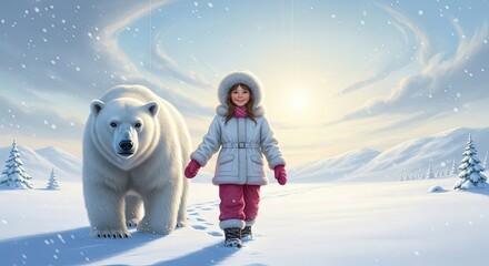Young girl walking with a polar bear in a snowy landscape  