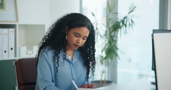 Financial advisor, writing and woman in office, planning and schedule for company audit. Person, accounting and employee in workplace, notebook and deadline for profit report, budget and bookkeeping