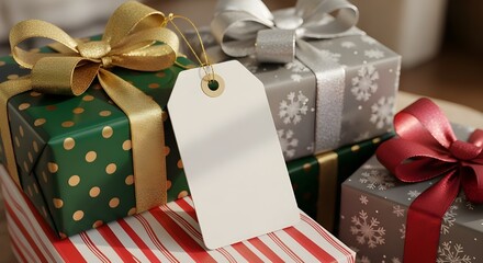 Festive holiday presents wrapped in colorful paper with ribbons and bows, along with a blank gift tag for personalized message, creating a joyful atmosphere