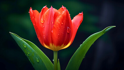 Macro close-up of a vibrant red tulip flower with fresh water droplets and green leaves on a dark background