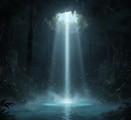 A stunning waterfall illuminated by beams of light, surrounded by lush jungle foliage. The tranquil and magical scene evokes a sense of serenity, perfect for nature, adventure, and fantasy content.