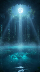 A mystical waterfall cascading into glowing waters, surrounded by trees and foliage bathed in ethereal light. This serene and magical scene is perfect for nature, fantasy, and adventure-themed content