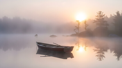 A peaceful sunrise over a misty lake with a small boat floating gently on the water. The soft sunlight and mist create a tranquil and serene atmosphere, perfect for nature and relaxation-themed visual
