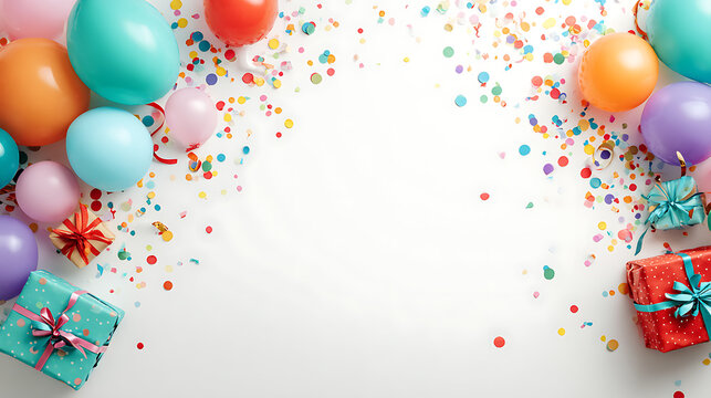 Festive birthday balloons confetti and gifts scattered on white background celebration party