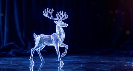 Elegant crystal reindeer figurine standing on reflective surface against deep blue velvet background
