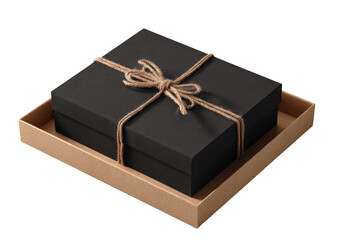 Black gift box tied with twine, resting in a cardboard tray, on a transparent background