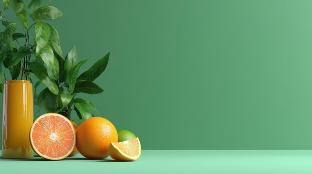 Fresh citrus fruits arranged on a green background with a leafy plant - Powered by Adobe