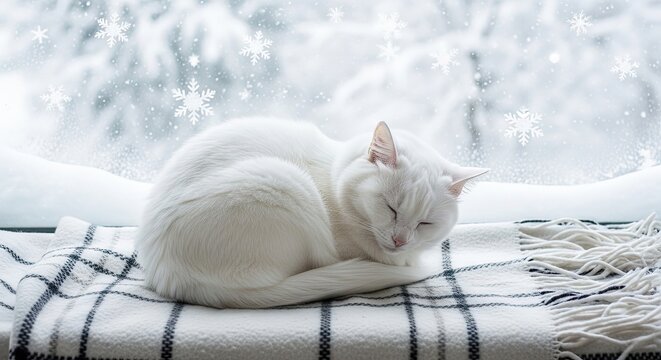 White cat sleeping on blanket by the window during winter snowfall  